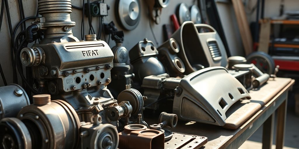 Authentic Fiat used parts laid out neatly