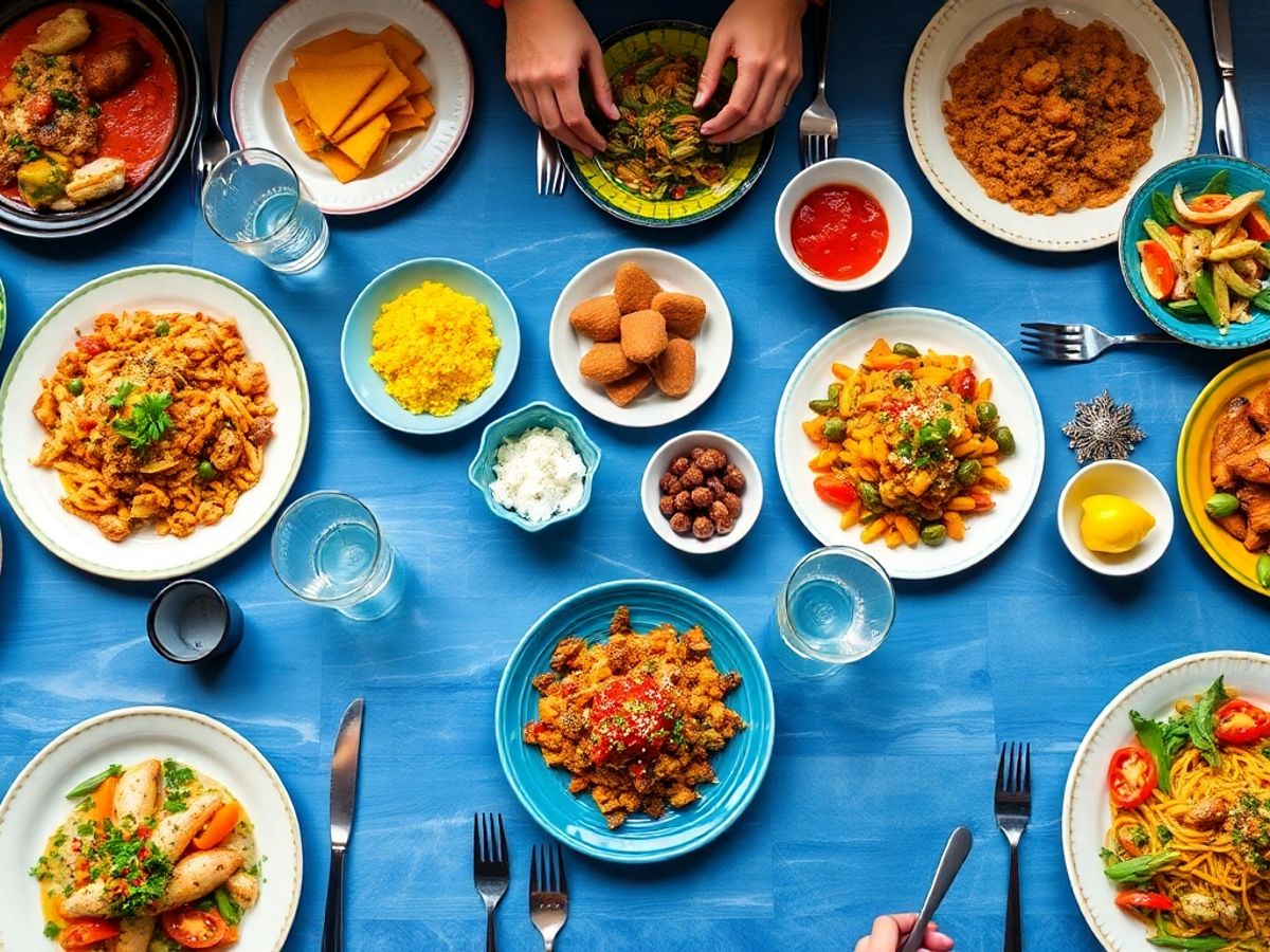 Tavolo con piatti di cucina internazionale.
