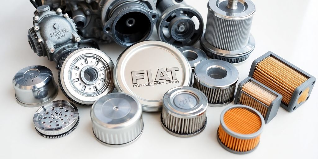 Close-up of shiny Fiat car parts arranged neatly.
