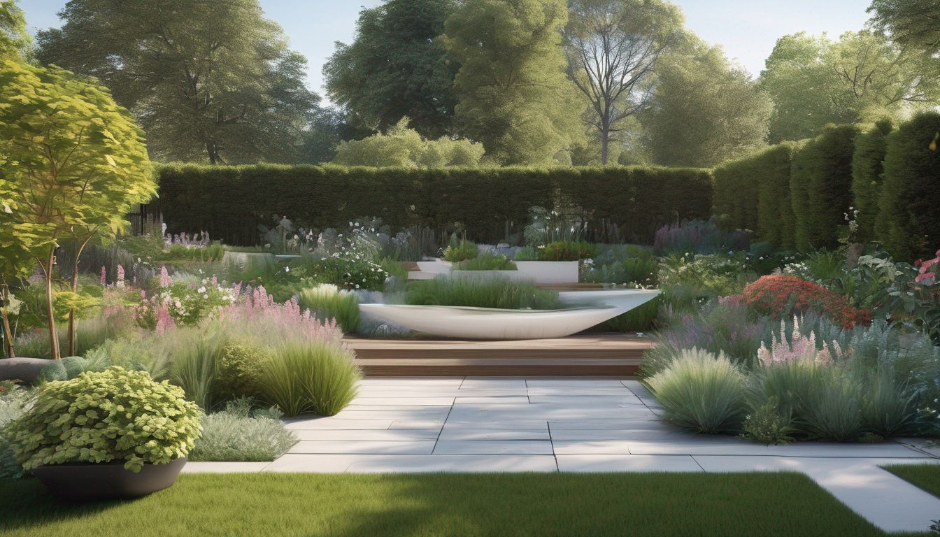 landscaped garden with flowerbeds and water features