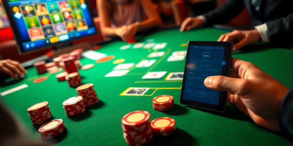 Casino gaming scene with chips, cards, and digital device.