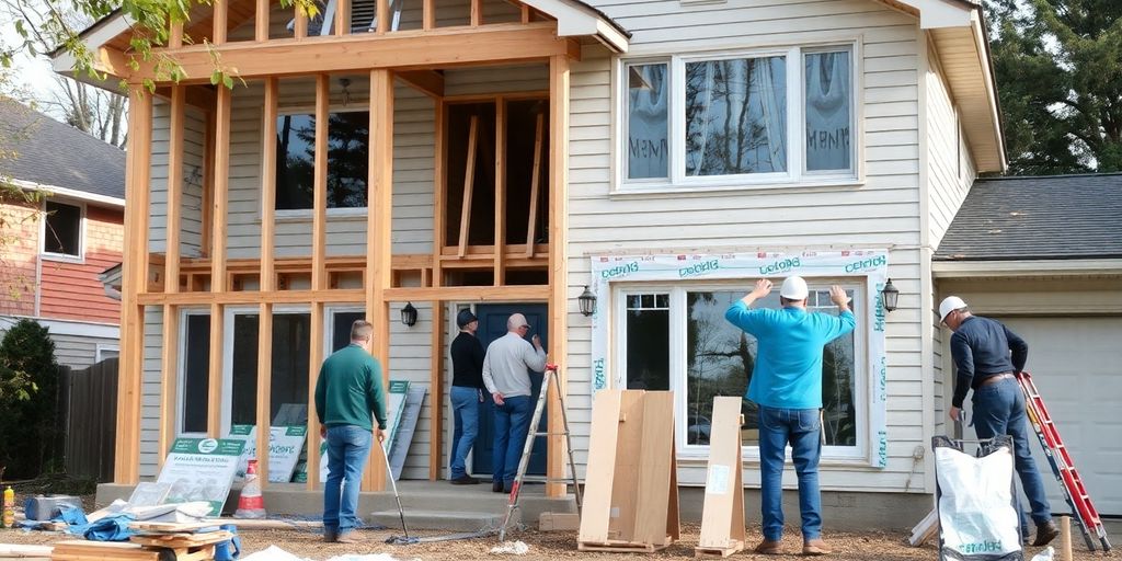House undergoing renovation with workers present.