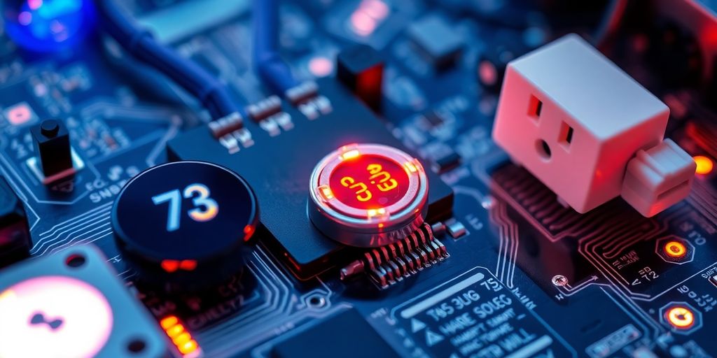 Circuit board with tiny wires connecting smart devices.