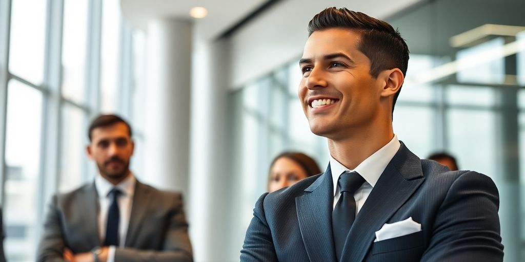 Cristiano Ronaldo in a business environment, exuding professionalism.