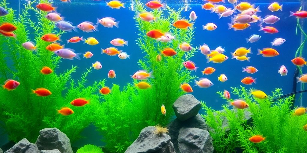Peces coloridos en un entorno de acuario exuberante.