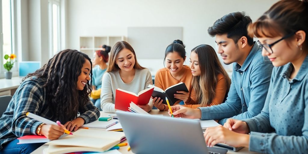 Grupo de estudantes estudando em um ambiente iluminado.