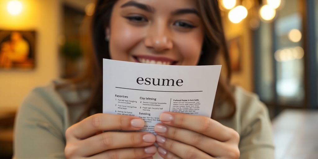 Person holding a resume, smiling, in a cozy cafe.