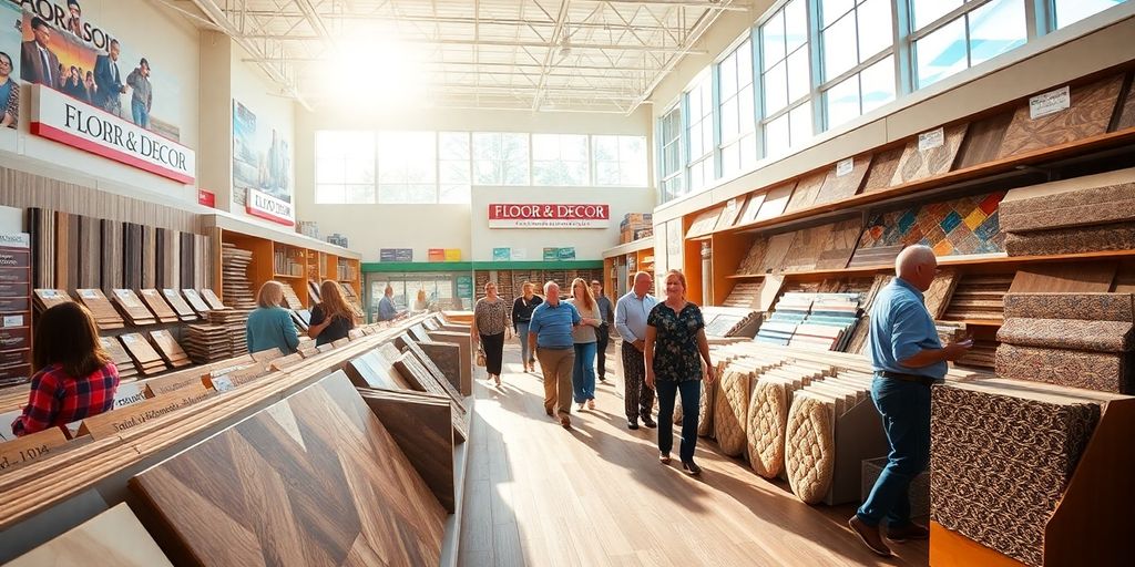 Wide shot of a bustling Floor and Decor showroom.