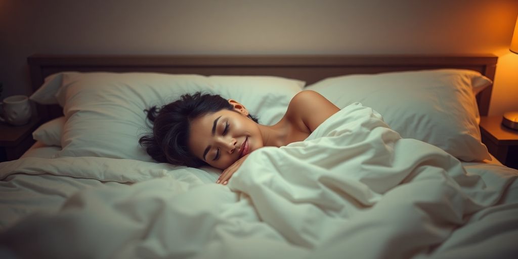 Person peacefully sleeping in a dimly lit bedroom.
