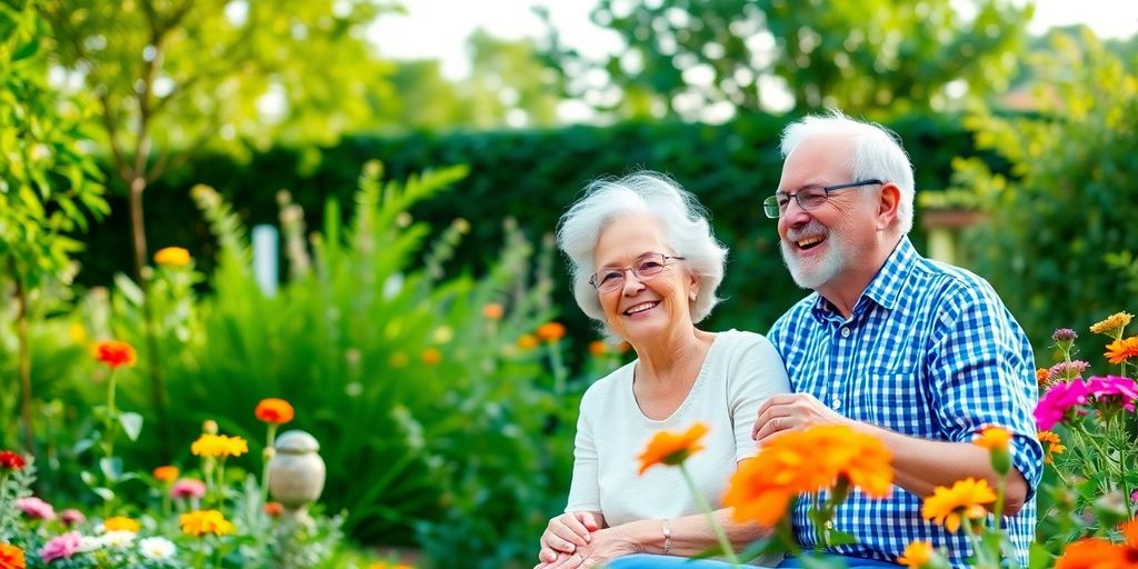Elderly couple relaxed in a beautiful garden.