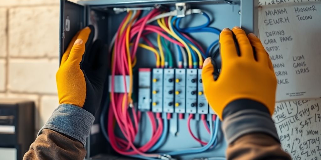 Electrician inspecting a home electrical panel.