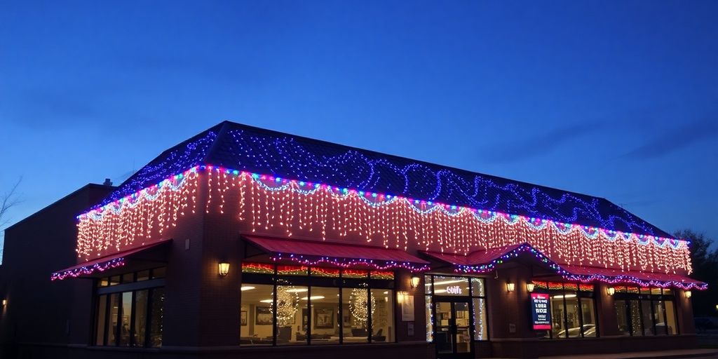 Brightly lit business exterior at night.
