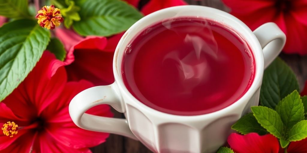 6 Chás para aumentar o metabolismo 3 Uma xícara de chá de hibisco com flores ao redor.