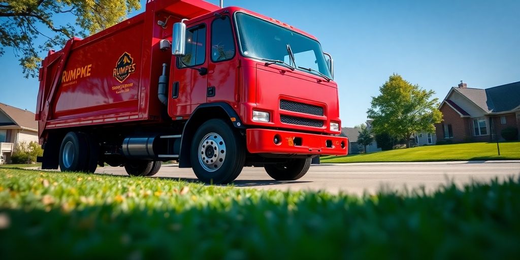 A modern, red Rumpke garbage truck on a suburban street.