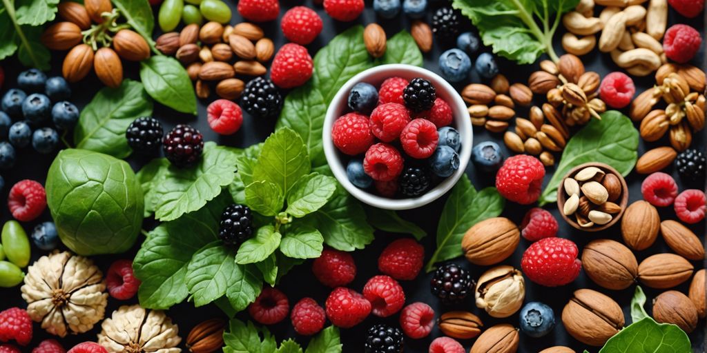 A colorful display of stress-reducing, fiber-rich foods including berries, nuts, seeds, and leafy greens.