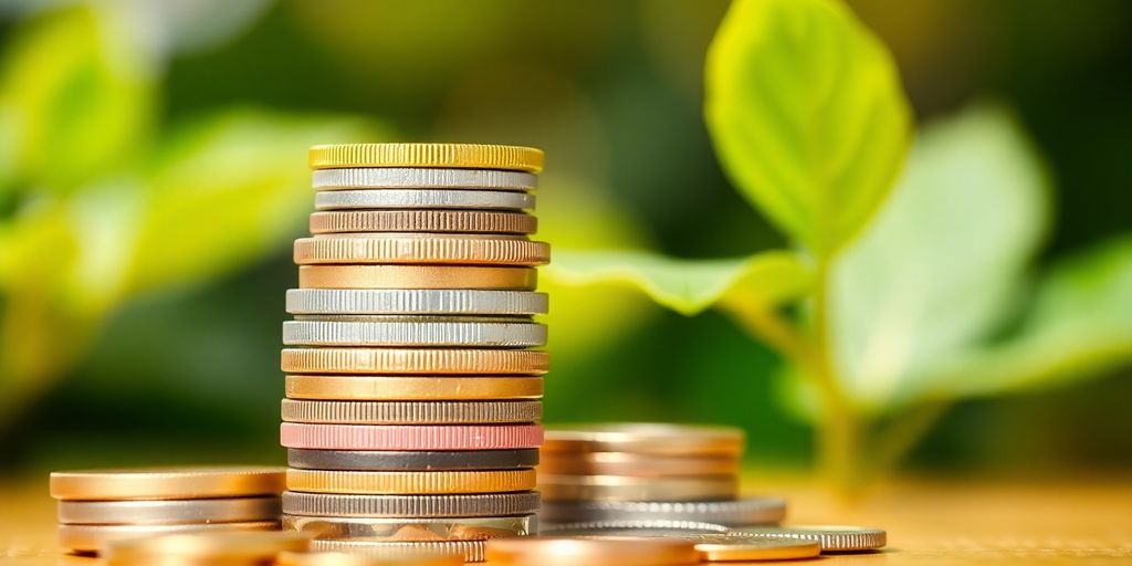 Coins, stacks, and financial growth elements.