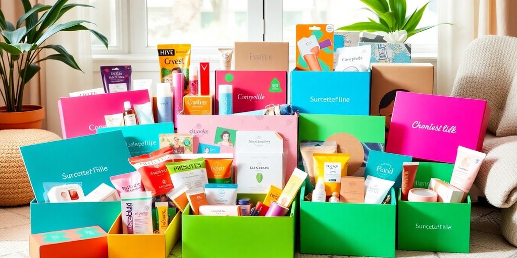 A variety of colorful subscription boxes arranged aesthetically.