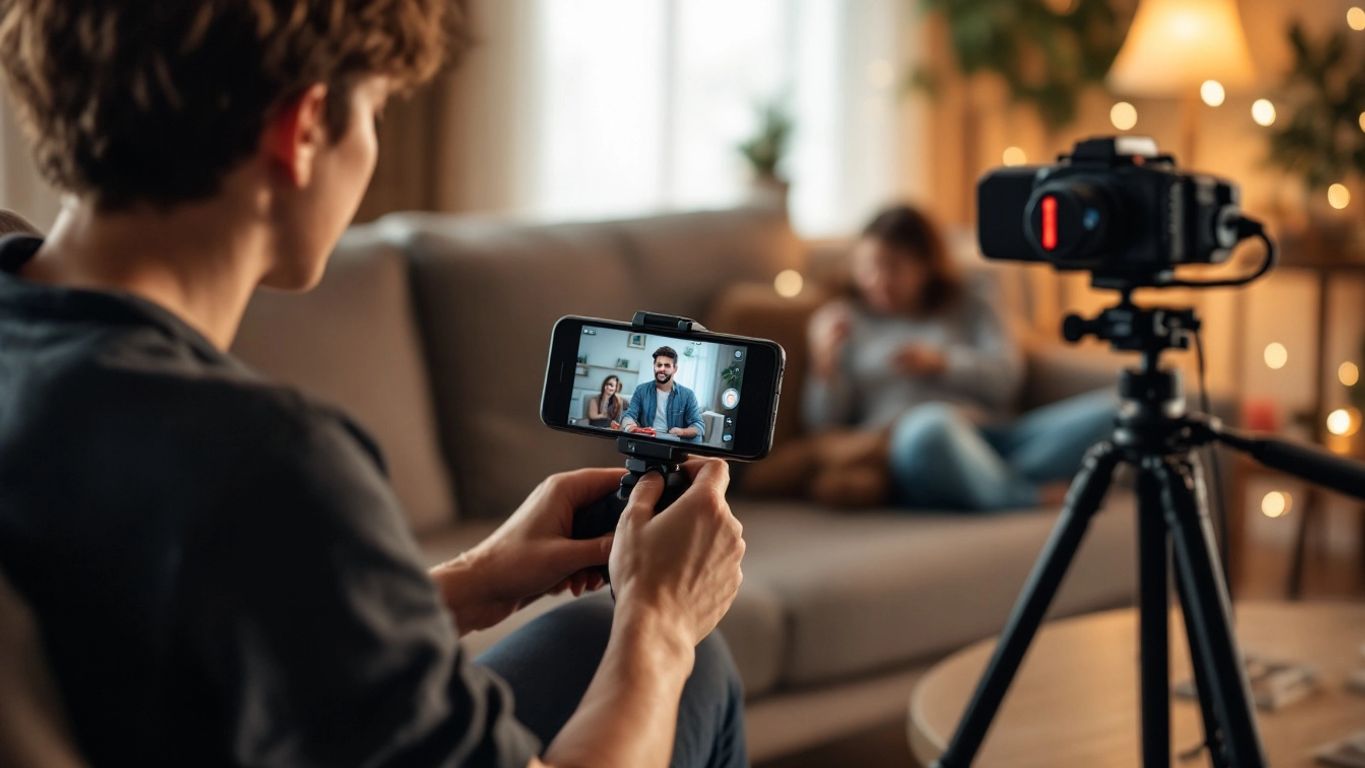 Person filming video at home with simple equipment.