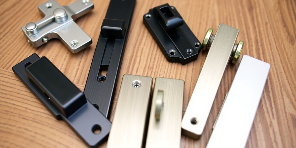 Variety of patio door latches on a wooden surface.