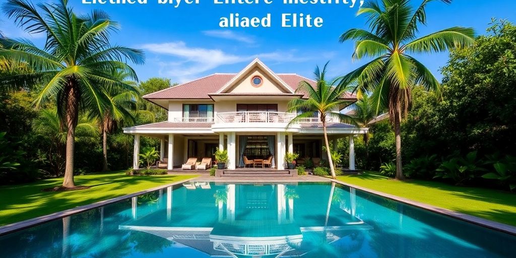 Luxury Thai villa amidst lush greenery and clear skies.