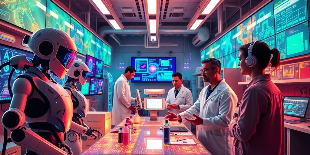 Futuristic lab with robots and interactive technology.