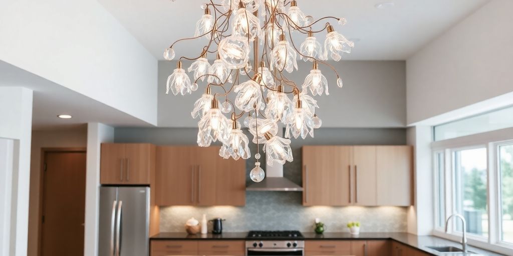 Artistic glass chandelier in a modern kitchen setting.