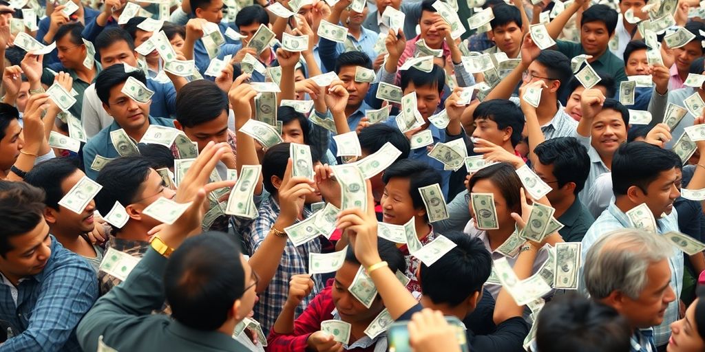 Money flowing into a crowd.