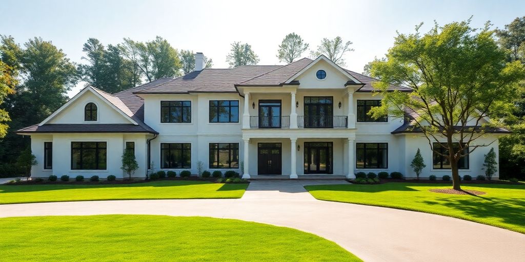 Beautiful custom home exterior with manicured landscaping.