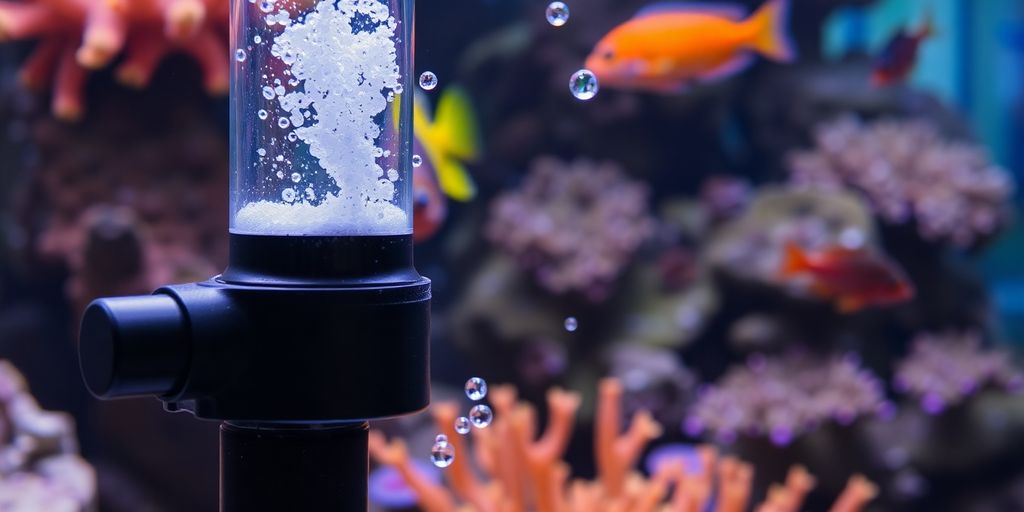 Close-up ng isang protein skimmer sa isang marine aquarium.