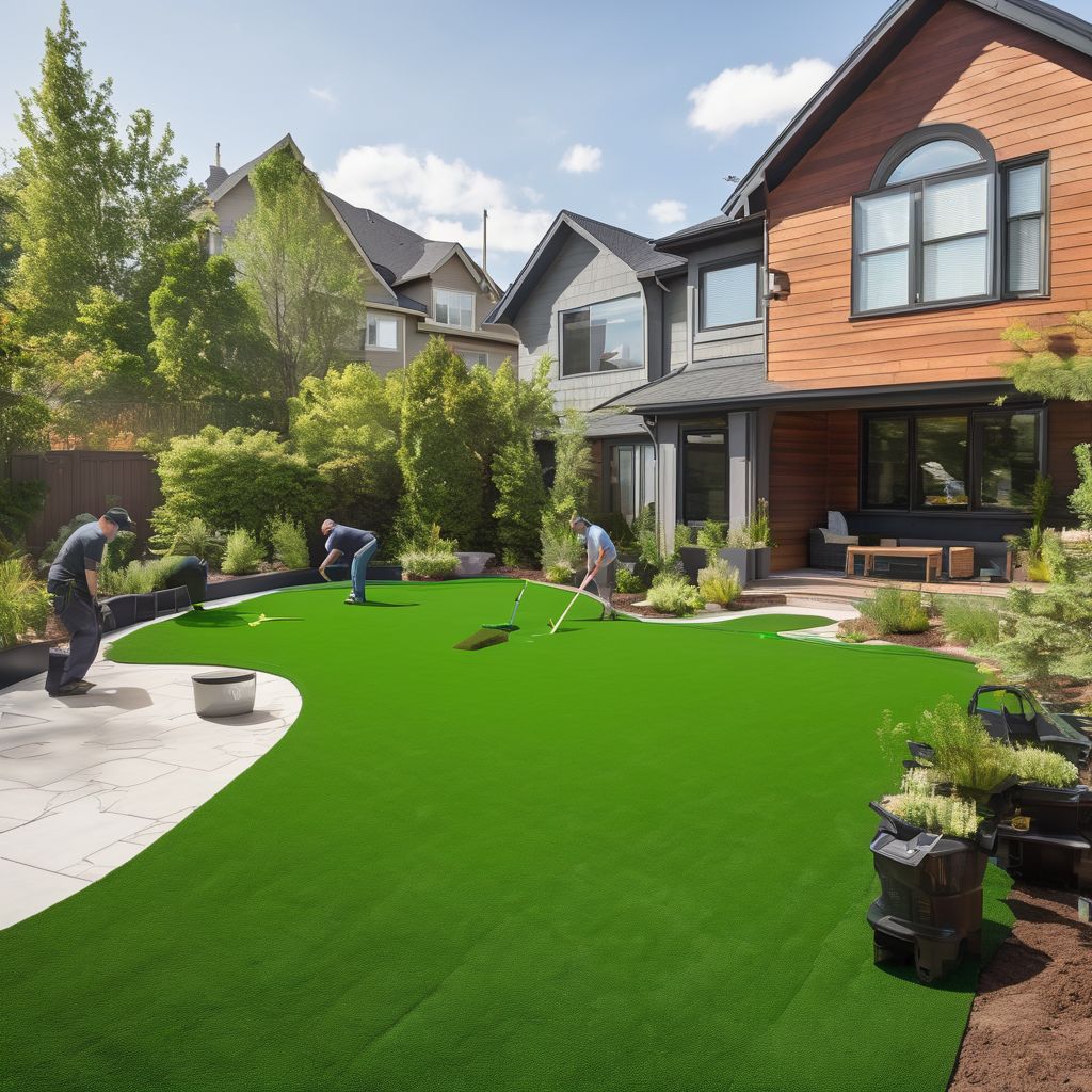 people installing turf in suburban backyard