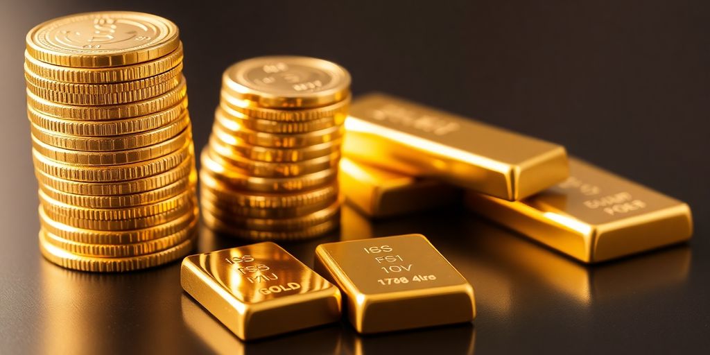 Pièces d'or empilées et lingots brillants.