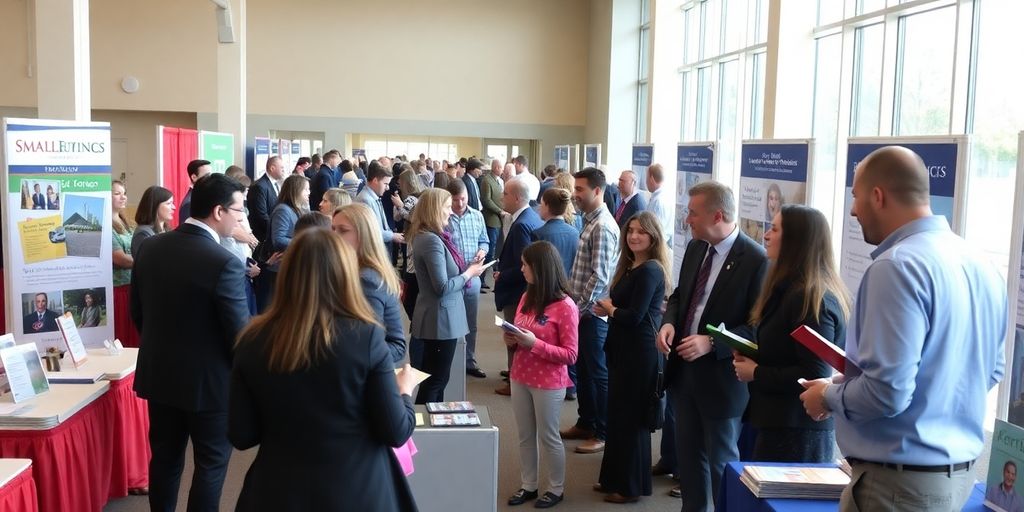 Community job fair, people chatting, small business booths.