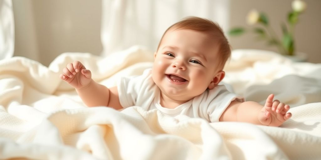 Happy baby on soft organic cotton blanket
