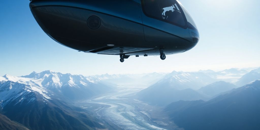 A helicopter flying over Alaskan glaciers and snowy mountains.