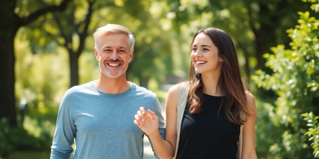 Two people smiling, walking together outdoors