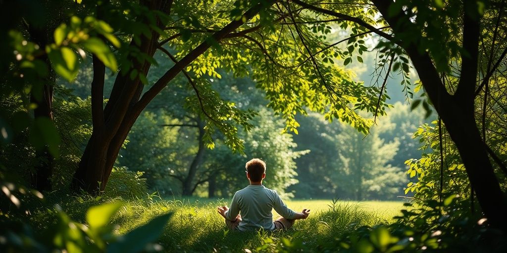 Person meditating peacefully in a sunlit forest clearing.