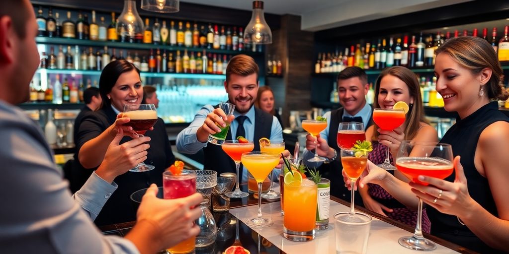 Cocktailbar met kleurrijke drankjes en blije mensen.