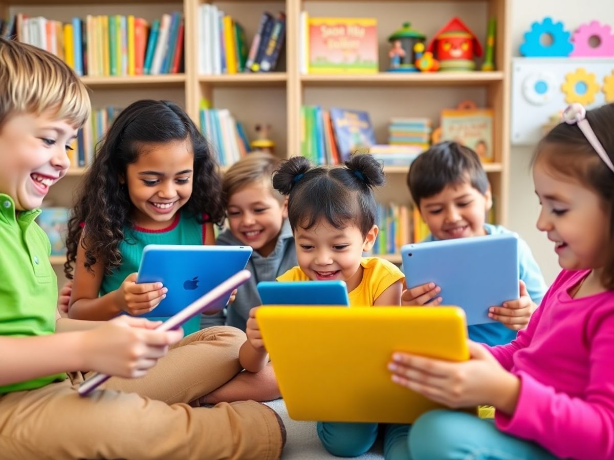 Copii fericiți folosind tehnologia în siguranță.