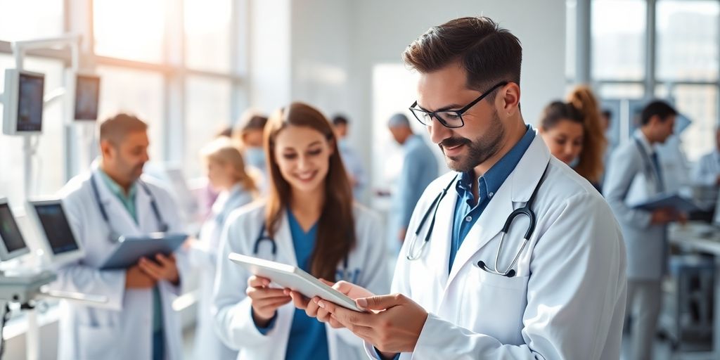 Doctors, nurses, and tech working together.