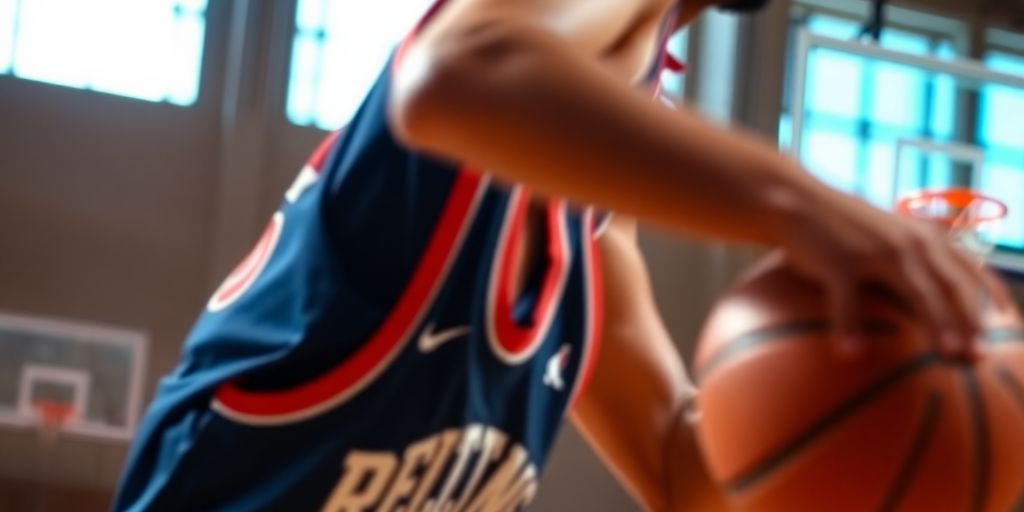 Basketballspieler dribbelt vor einem leuchtenden Basketballkorb.