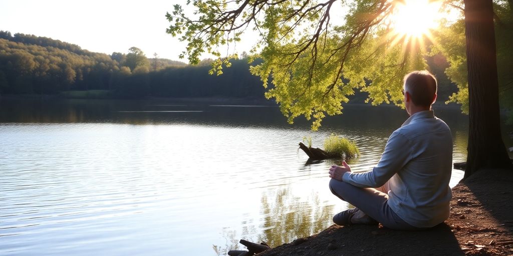 Person calmly meditating outdoors by a serene lake.