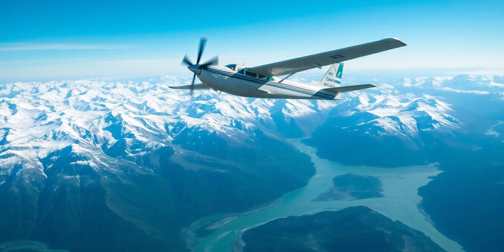 A small plane soars over vast Alaskan mountains and glaciers.
