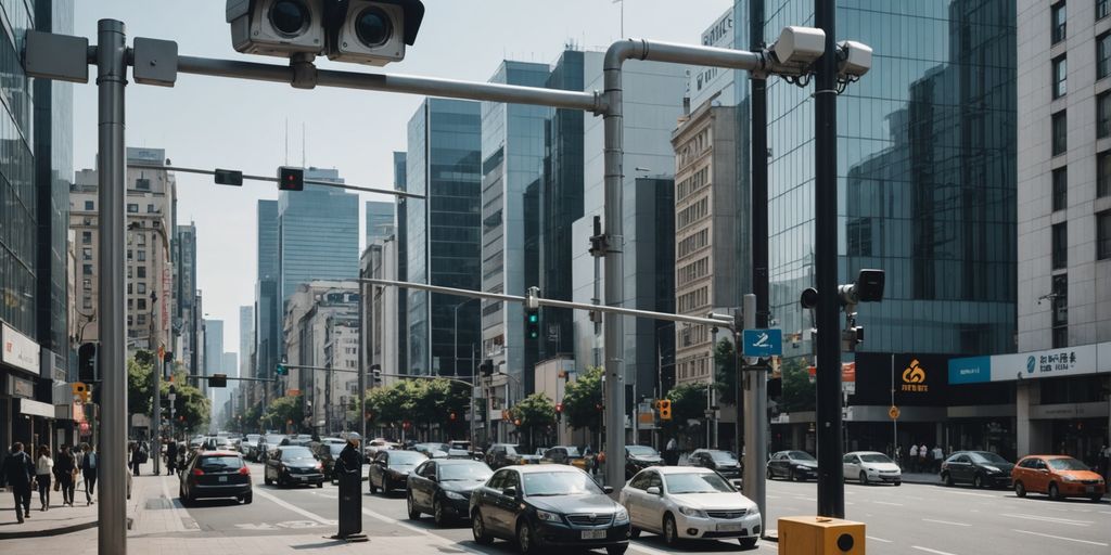 CCTV cameras overlooking a busy cityscape