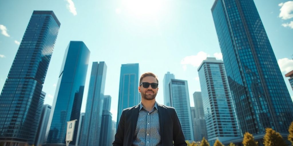 Emprendedor celebrando éxito en Canadá con rascacielos.