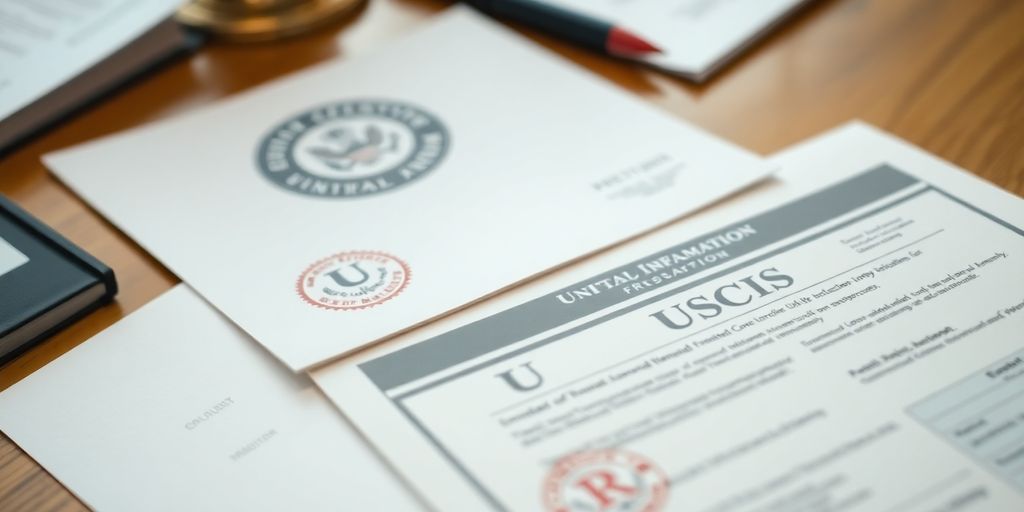 Close-up of important USCIS translation documents on desk.