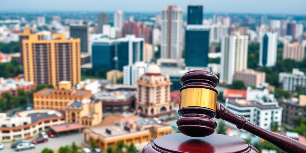 Bangalore skyline with a legal gavel.