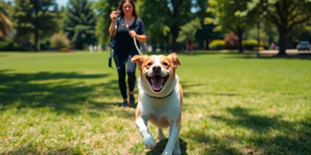 Dog running freely in a sunny park with trainer.