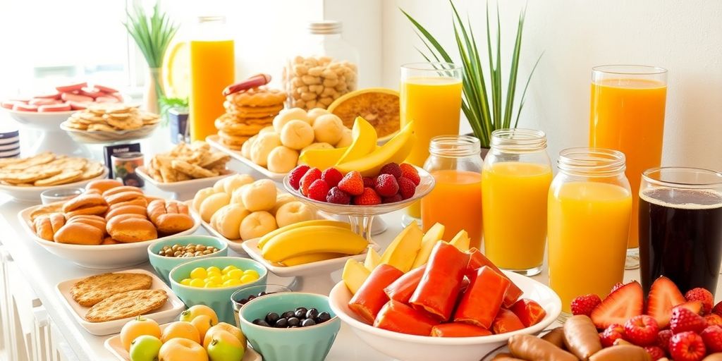 ขนมและเครื่องดื่มสำหรับจัดเบรคงานต่างๆ อยู่บนโต๊ะ