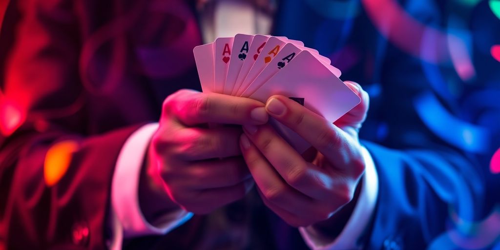 Magician's hands performing a card flourish with vibrant colours.
