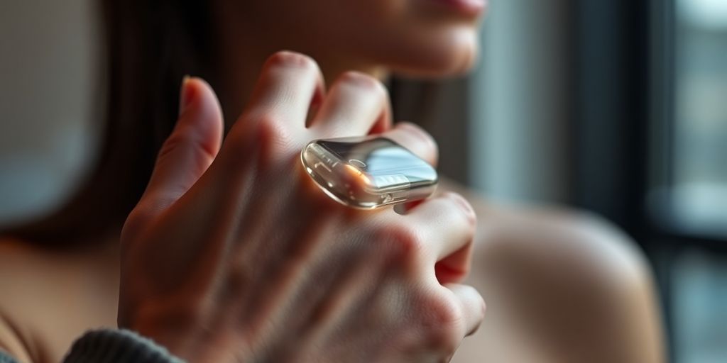 Close-up of a person's hand wearing a futuristic glass-like device.
